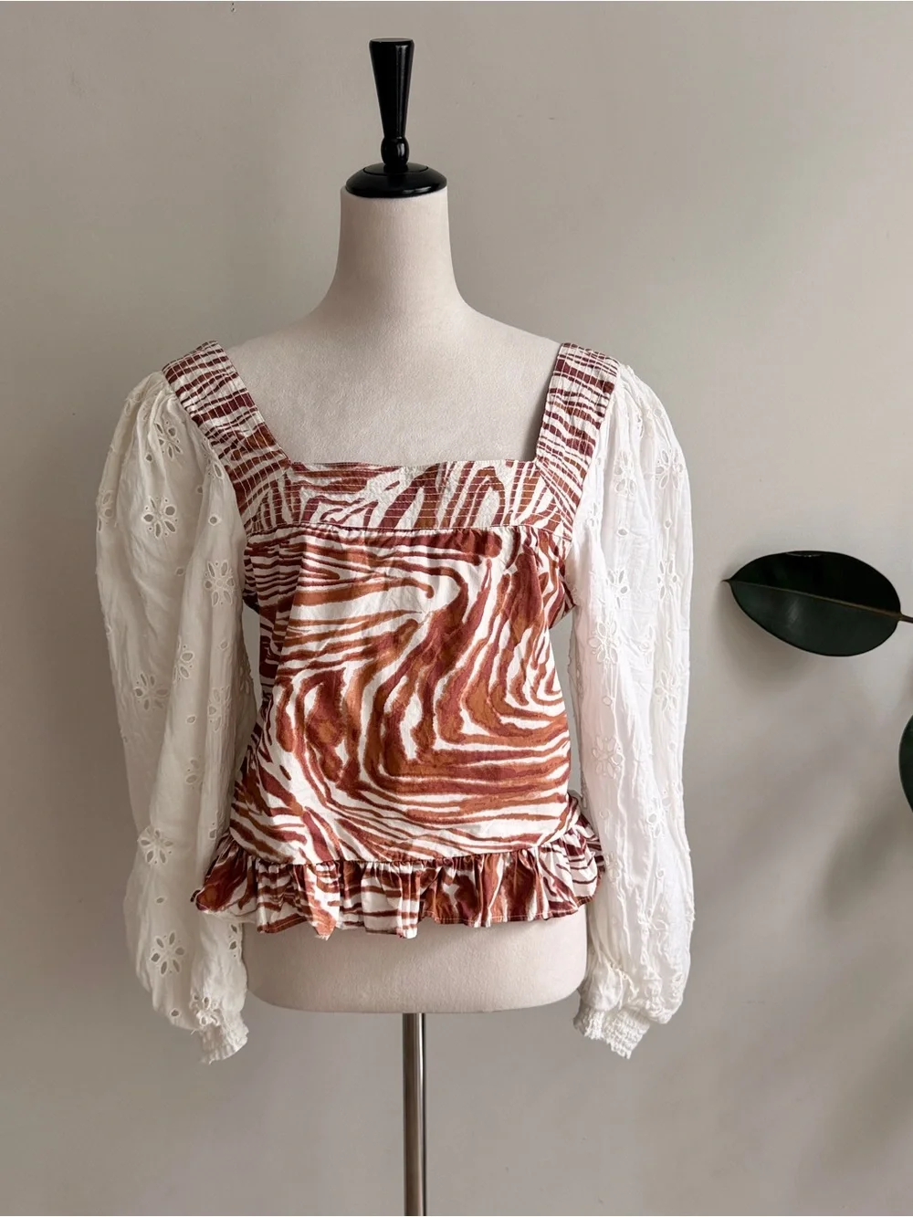 Anthropologie Love The Label Smocked Eyelet Puff Sleeve Blouse L